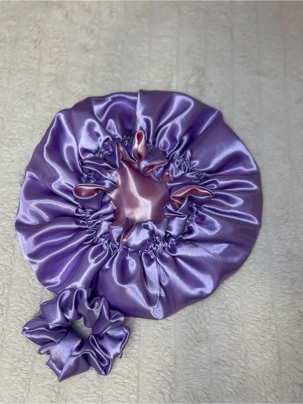 Lavender & Pink Ruffle Edge Satin Bonnet – Double-Sided Sleep Cap for Women
